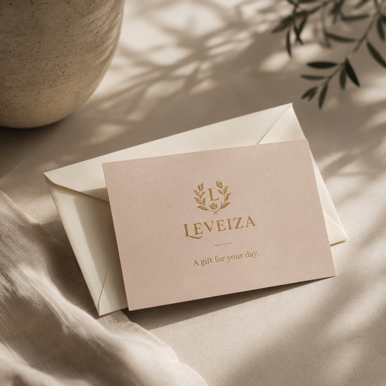 Leveiza gift card with an ivory envelope