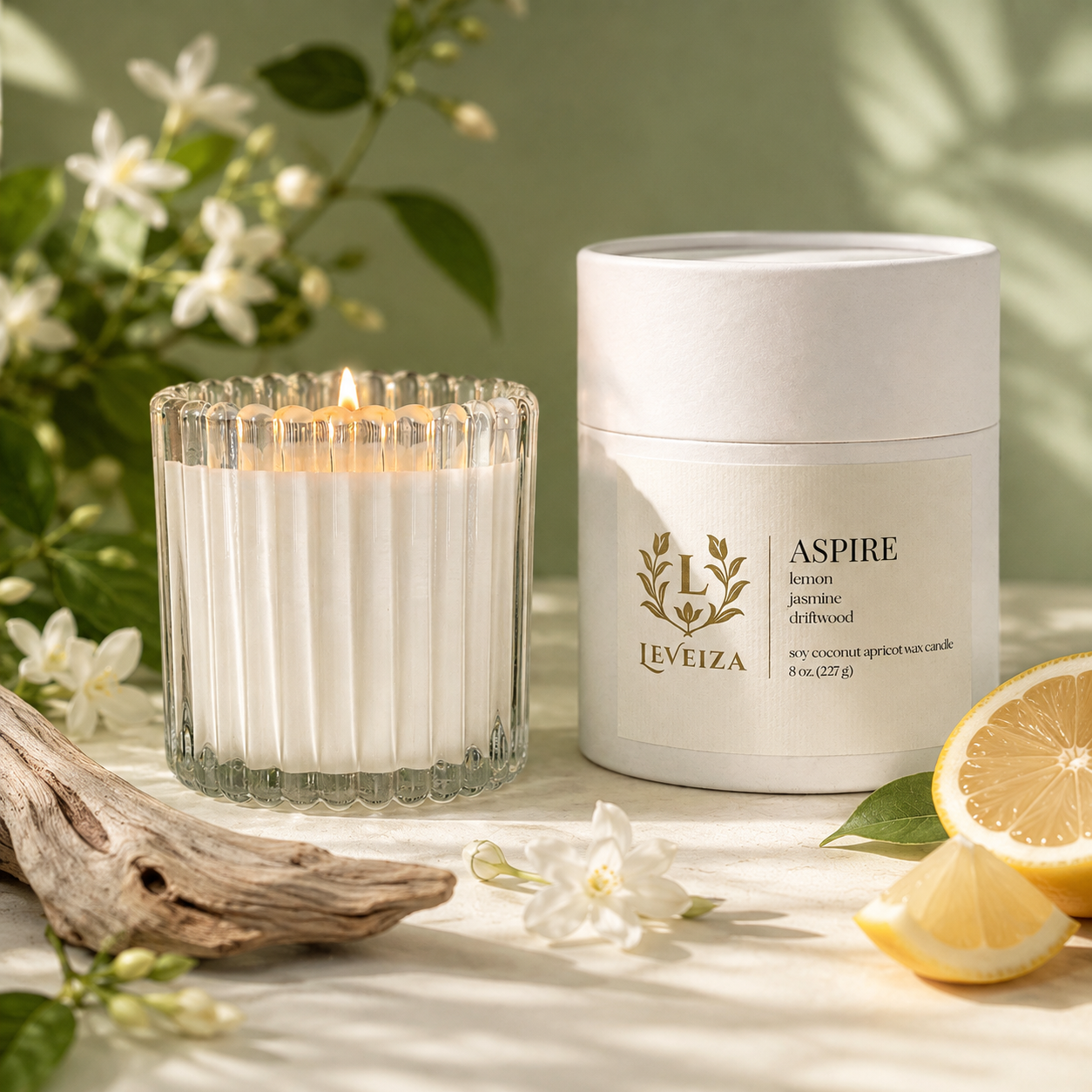 Lit Aspire candle and tube styled with jasmine blossoms, fresh lemon and pale driftwood in soft morning light.
