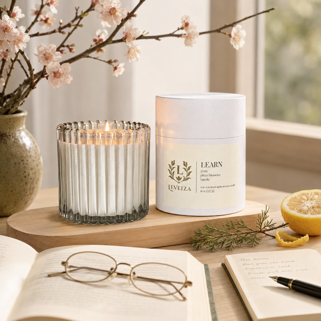 Lit Learn candle and tube with an open book, reading glasses, yuzu and plum blossoms on a sunlit study desk.
