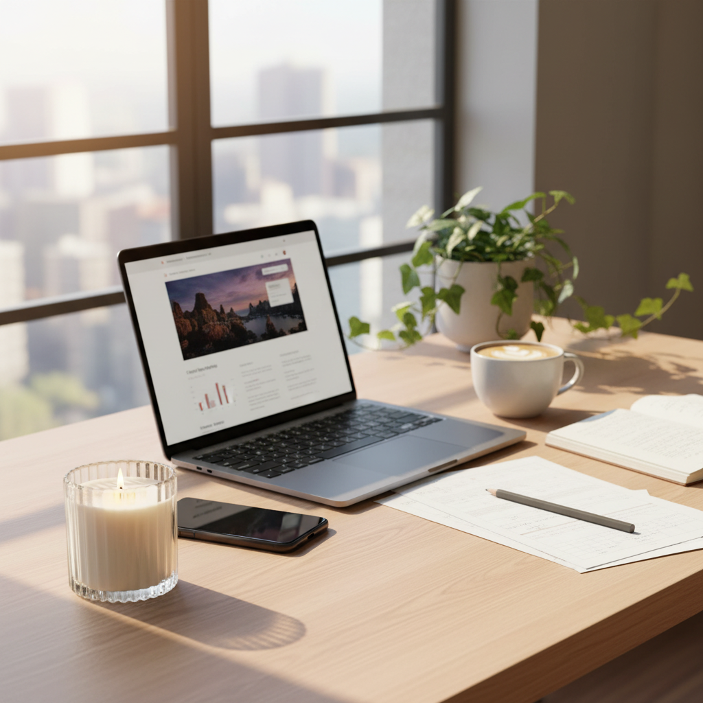 Leveiza Aspire candle on a desk with laptop, notebook, and coffee for focused work