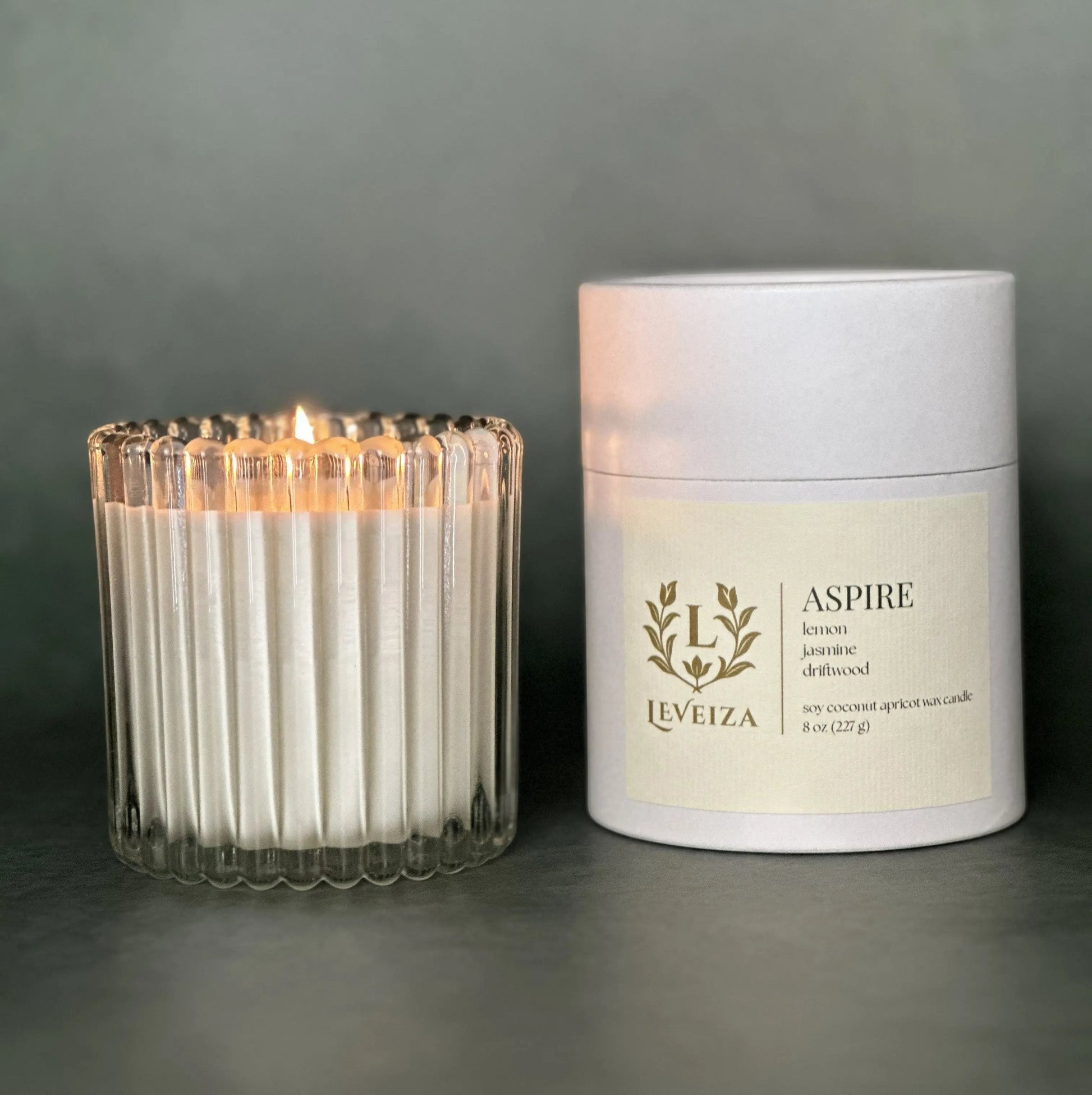 Aspire luxury soy candle with white tube packaging by Leveiza