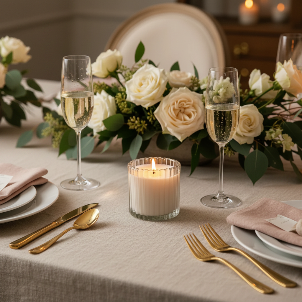 Leveiza Celebrate candle styled for a joyful gathering with drinks and table decor