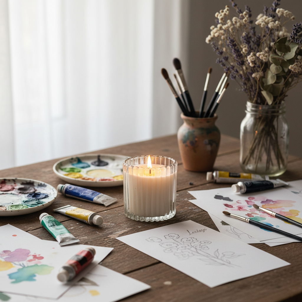 Leveiza Create candle styled with creative materials for ideas, inspiration, and focused work