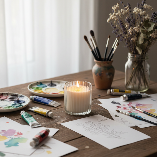 Leveiza Create candle styled with creative materials for ideas, inspiration, and focused work
