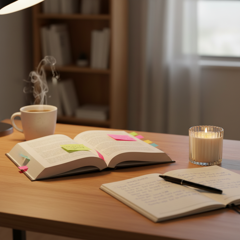 Leveiza Learn candle styled with books and study materials for reading, planning, and focus