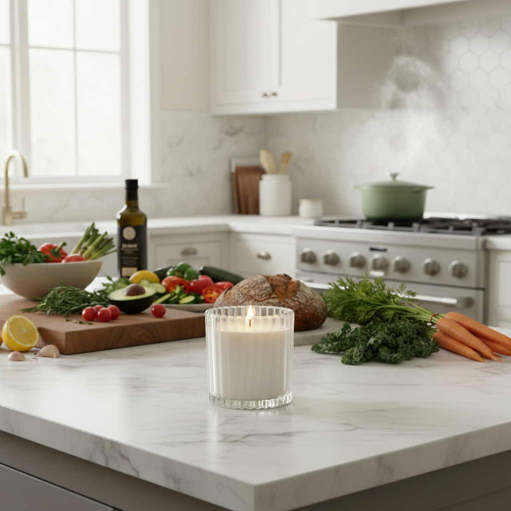 Leveiza Nourish candle styled in a warm kitchen setting for cooking, family meals, and shared moments