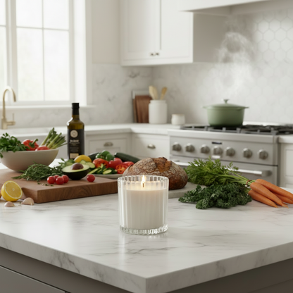 Leveiza Nourish candle styled in a warm kitchen setting for cooking, family meals, and shared moments