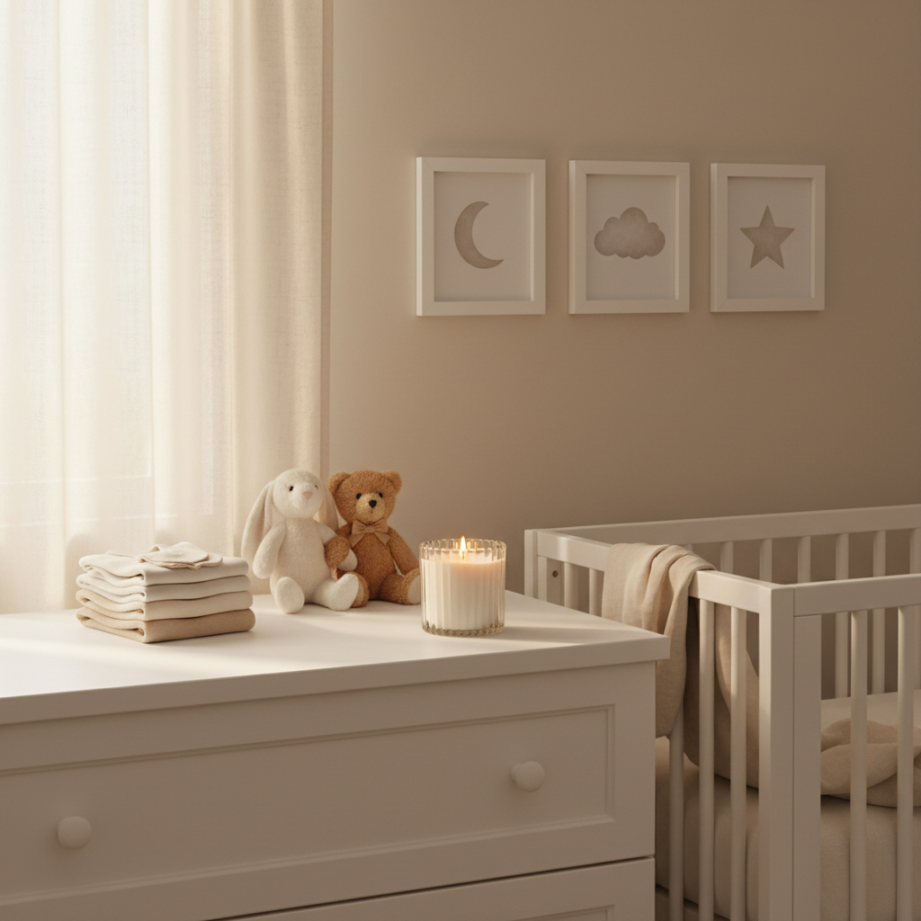 Leveiza Nurture candle styled in a soft nursery setting for tender care, comfort, and home