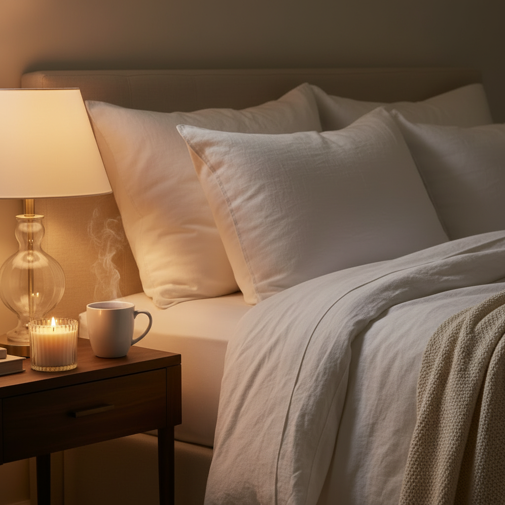 Leveiza Restore candle styled in a soft bedroom setting for rest, comfort, and recovery