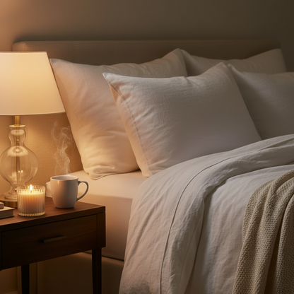 Leveiza Restore candle styled in a soft bedroom setting for rest, comfort, and recovery