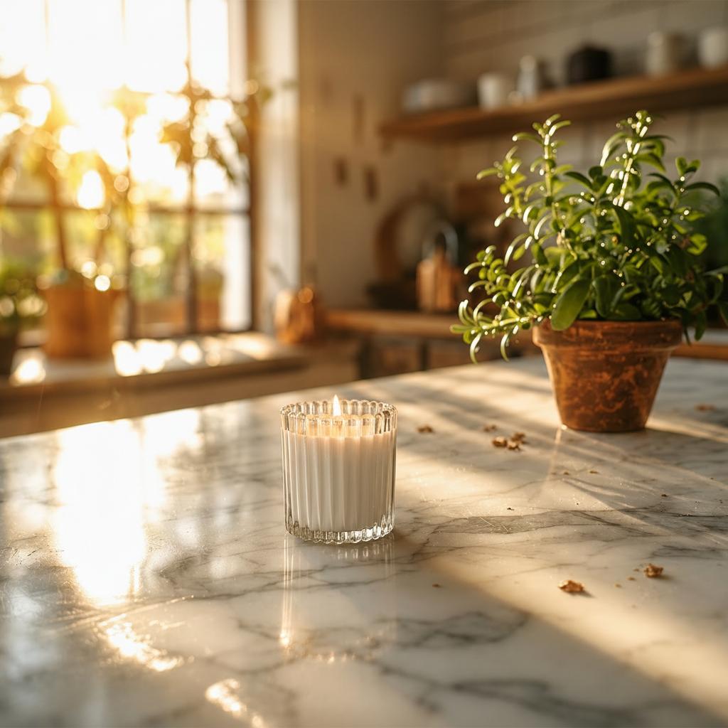 Leveiza Rise candle styled in a bright morning setting for early starts, quiet routines, and fresh energy