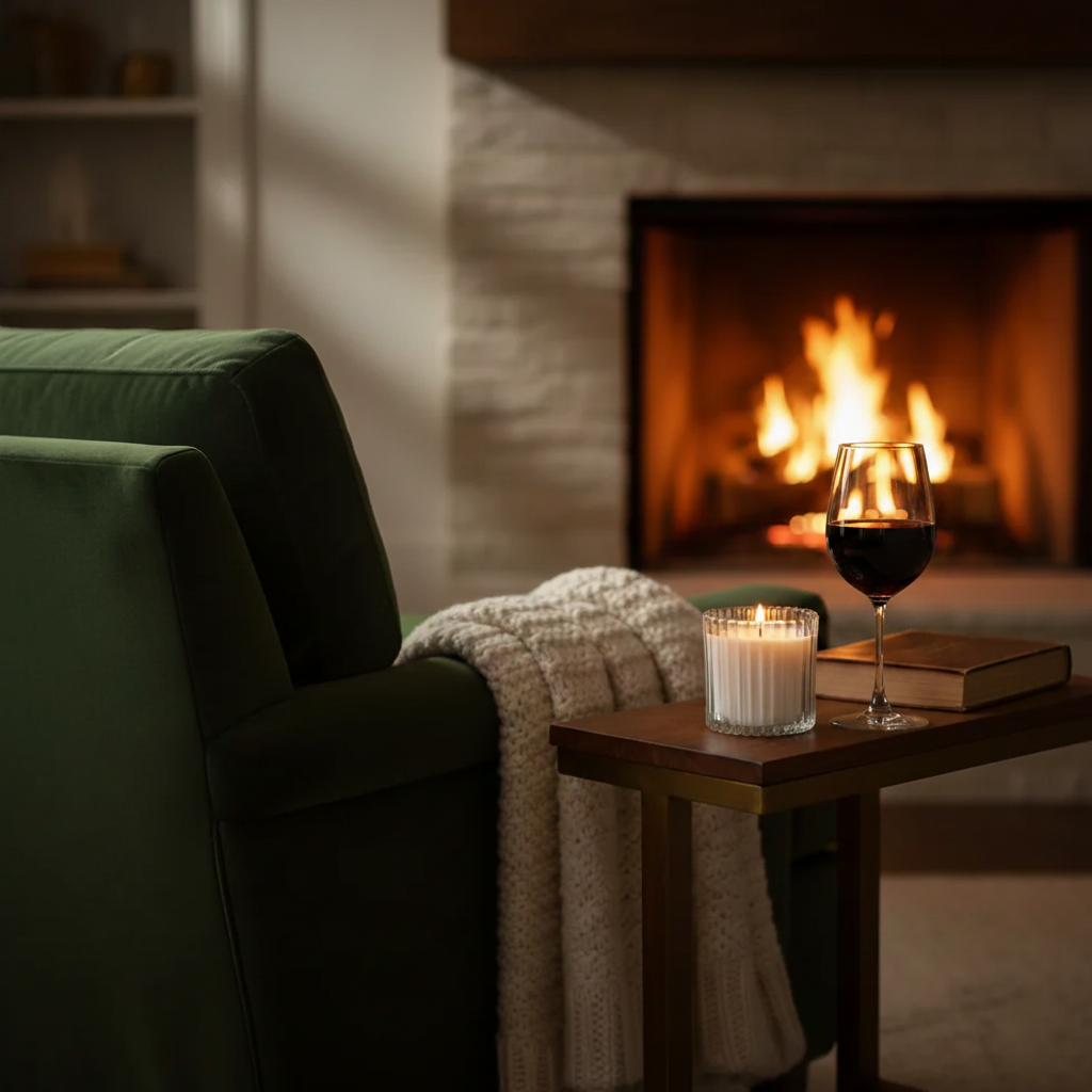 Leveiza Unwind candle styled in a quiet evening setting for slower breaths, calm nights, and letting the day go
