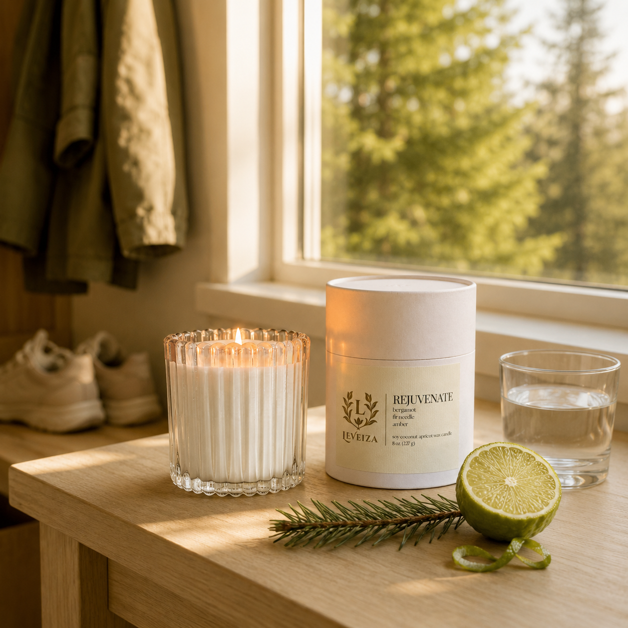 Lit Rejuvenate candle and tube with bergamot, fir and water near a window overlooking green trees.
