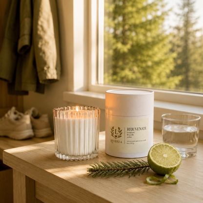 Lit Rejuvenate candle and tube with bergamot, fir and water near a window overlooking green trees.
