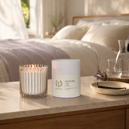 Lit Restore candle and tube with lavender and vanilla on a dresser in a softly lit, restful bedroom.
